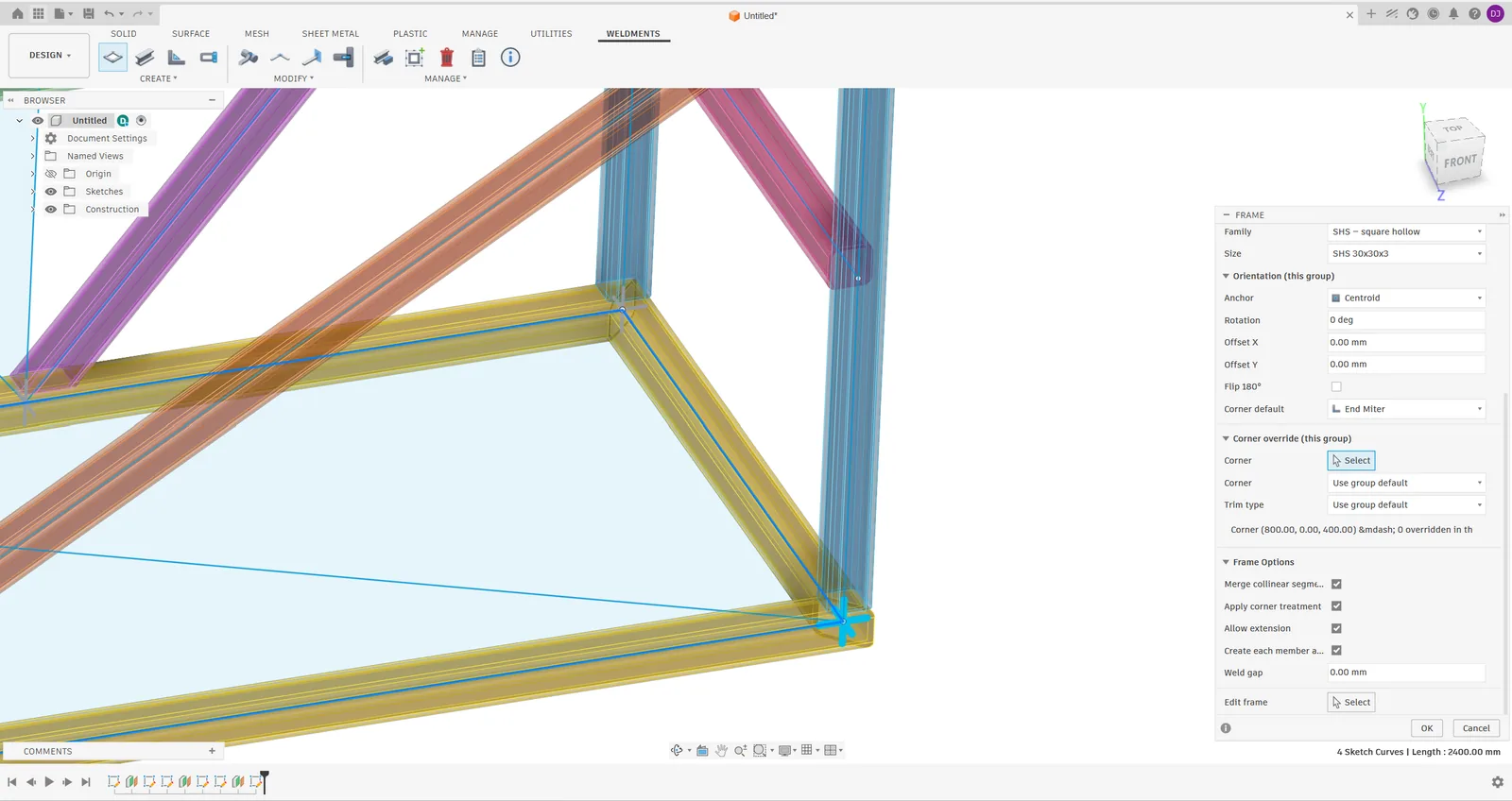 Corner override section of the Frame dialog with the corner marker highlighted in the model