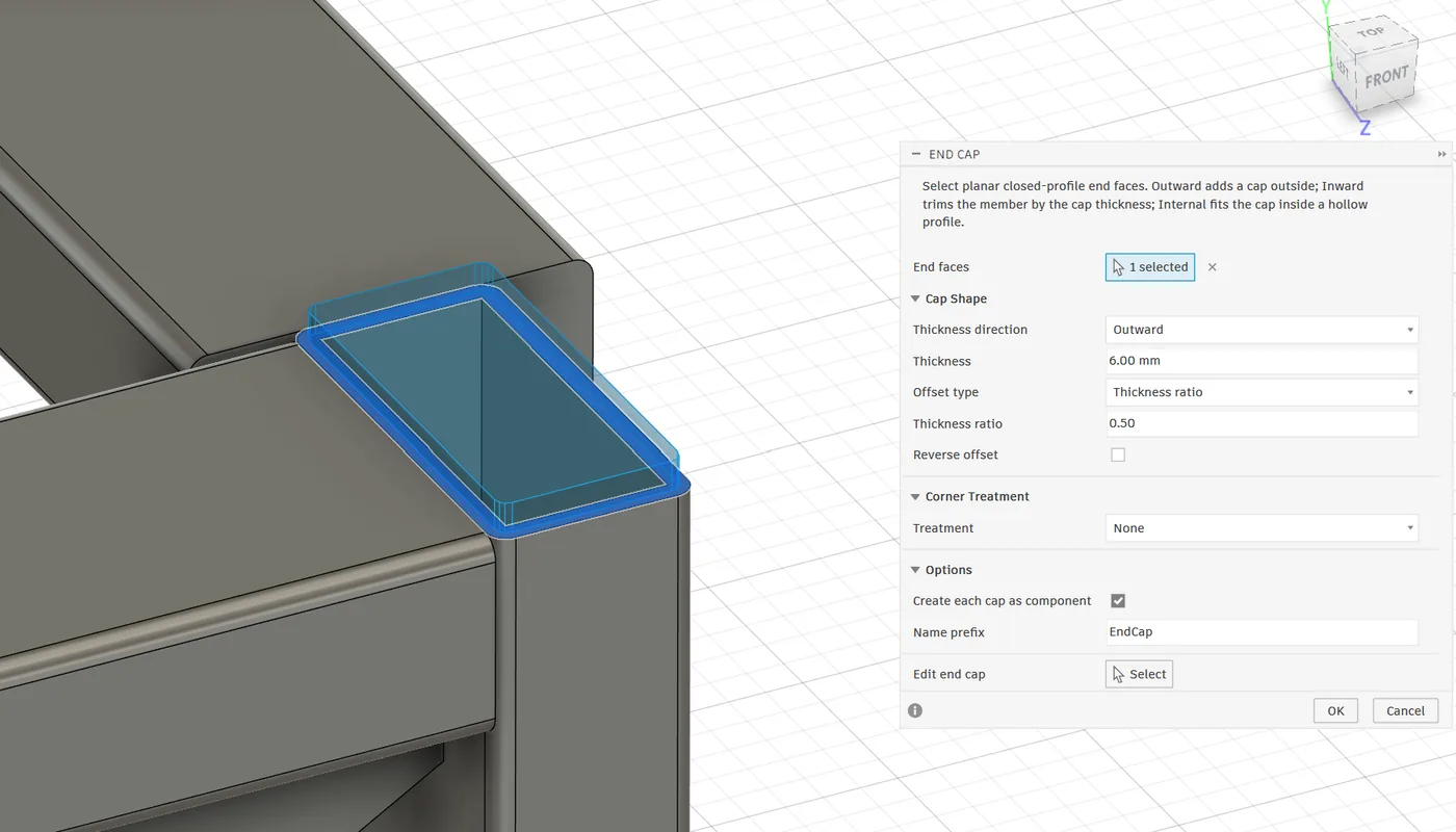 End Cap dialog with a cap previewed on a square tube end