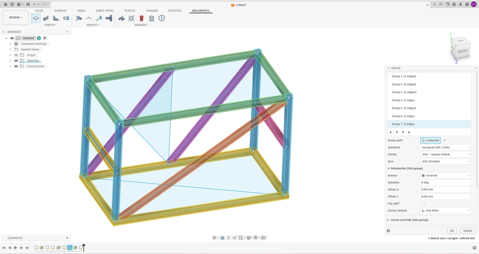 Frame command with several profile groups previewed in Fusion 360