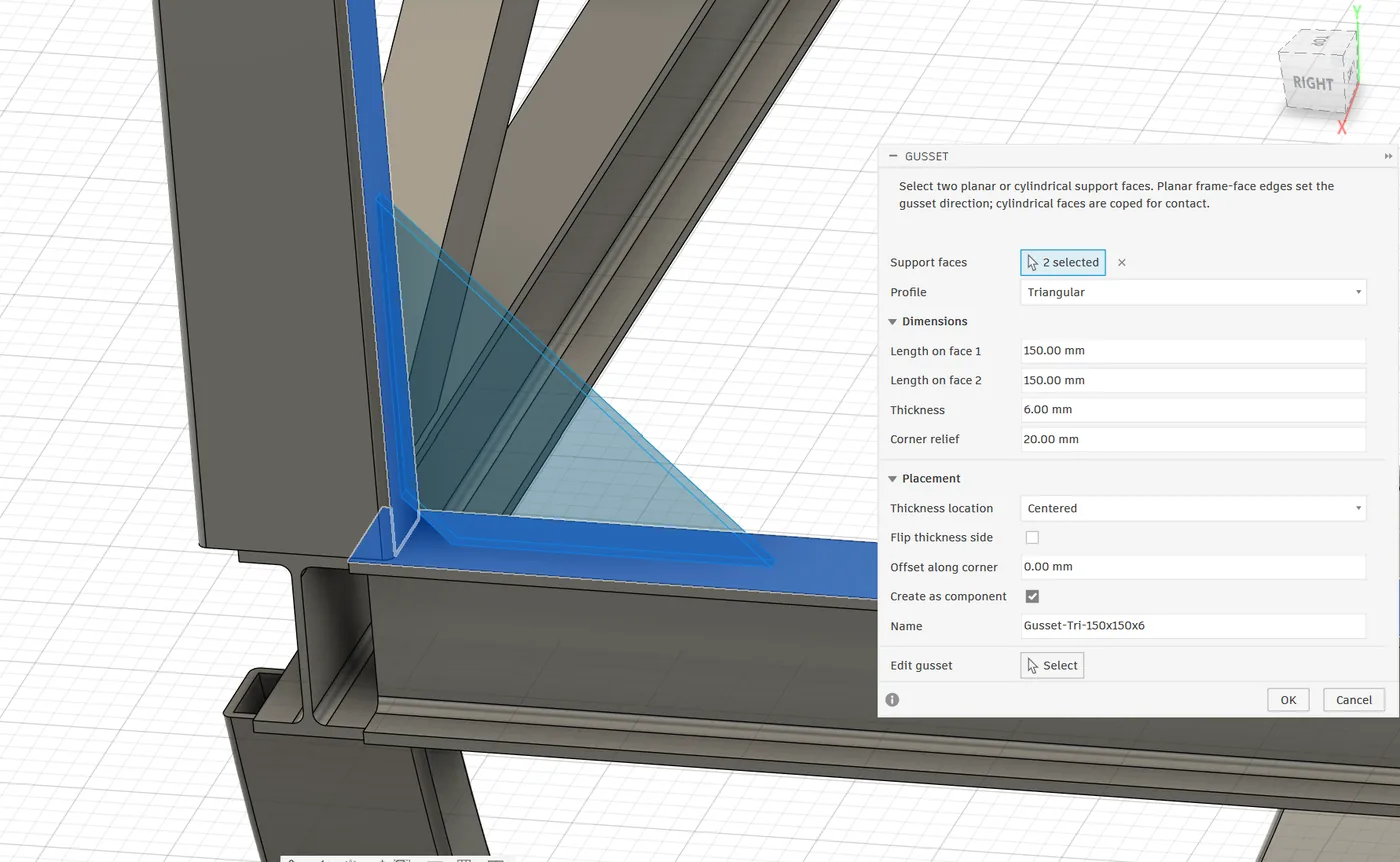 Gusset dialog with a triangular plate previewed between two members
