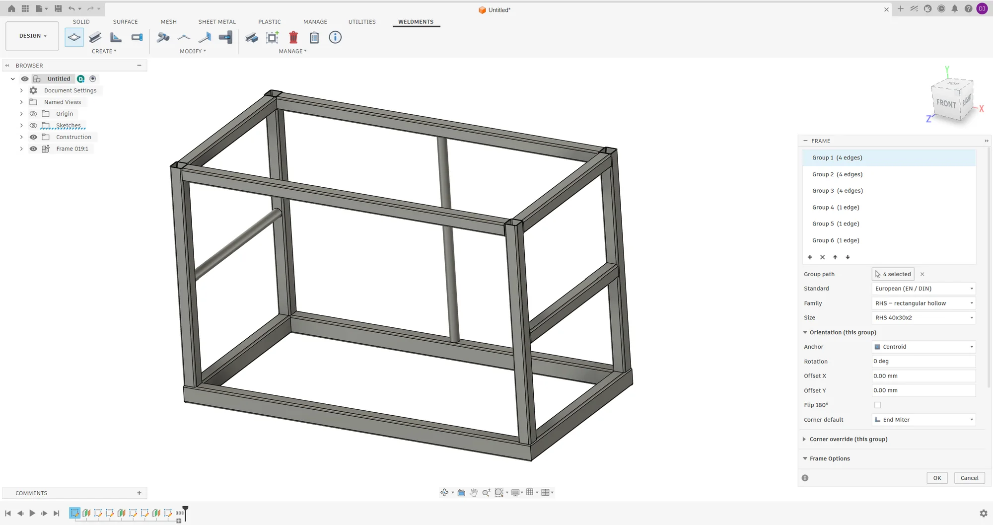 Steel frame built from EN rectangular hollow sections (RHS 40x30x2) in Autodesk Fusion 360