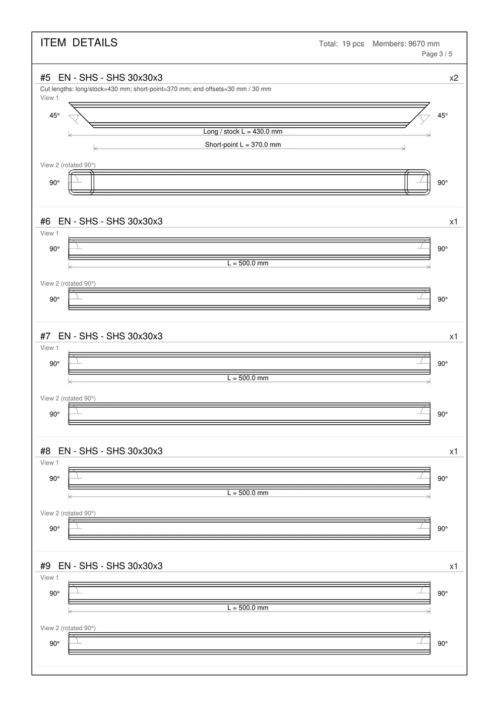PDF item details with long and short-point lengths and end angles