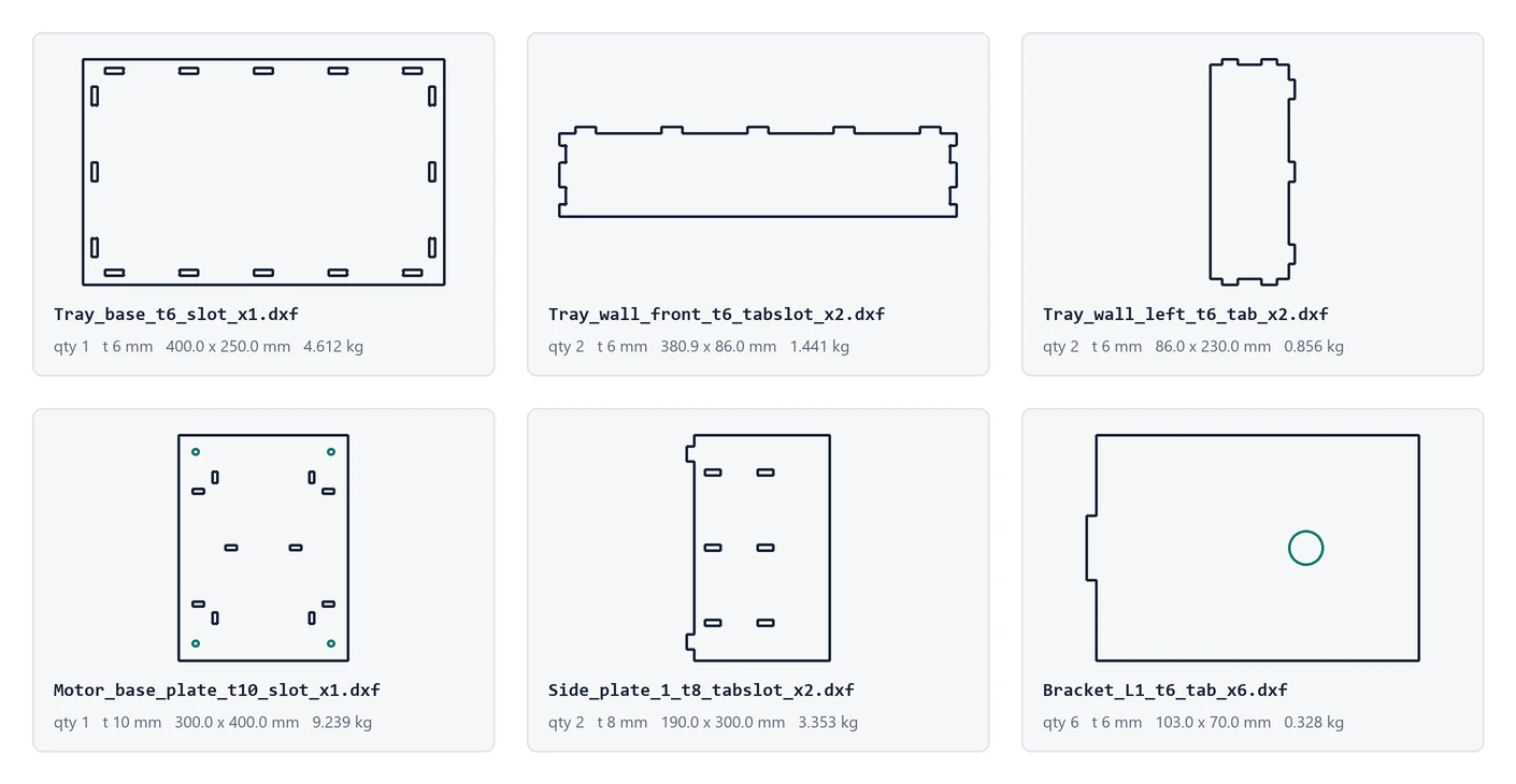 Six plate outlines drawn from exported DXF files, each with its file name, quantity, thickness, size and mass