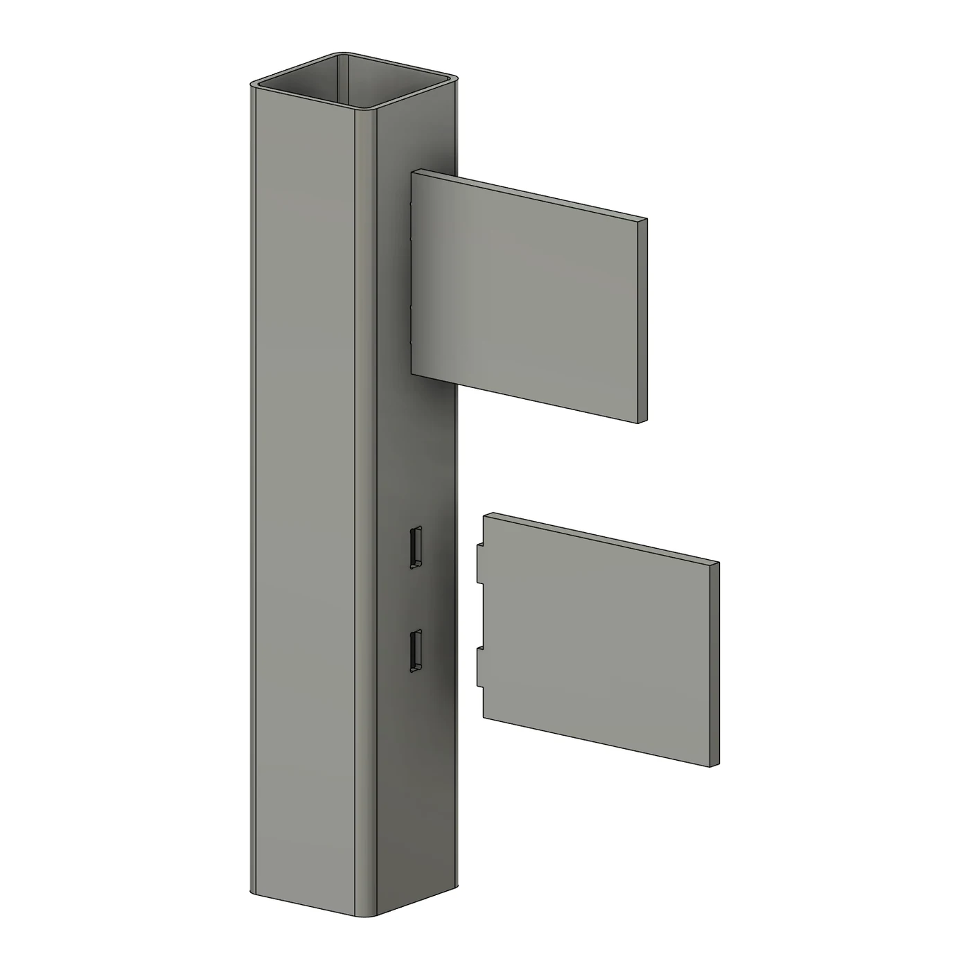 Hand-modelled bracket pulled away from a square tube post, showing two tabs and the matching slots in one tube wall