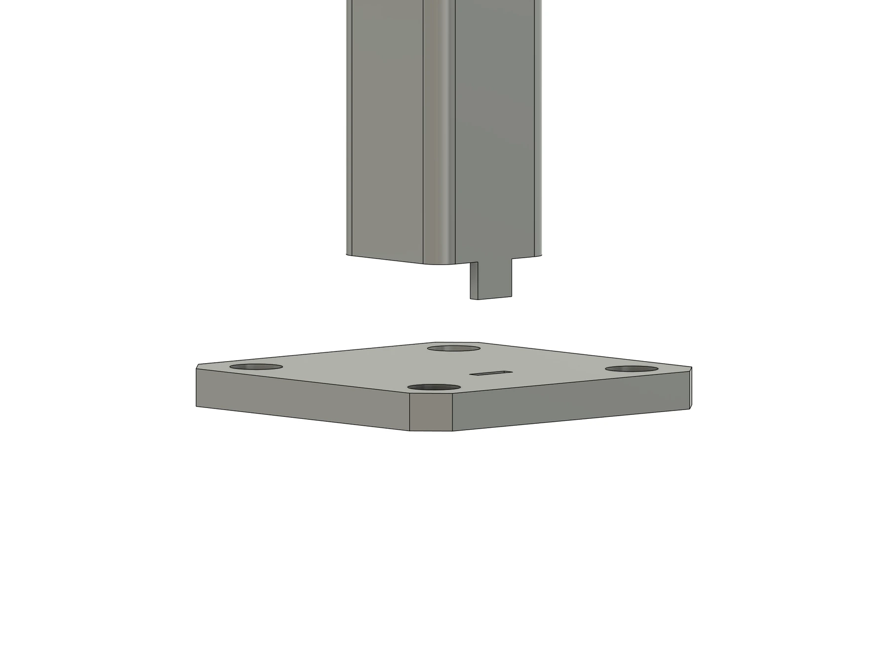 Tube and base plate separated to show bolt holes, chamfered corners and matching locating slot