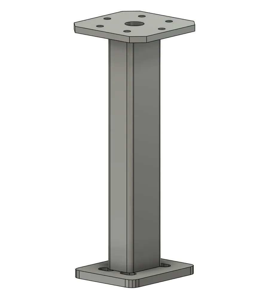 Post with a rounded base plate with slotted holes and a chamfered top plate with six holes on a pitch circle