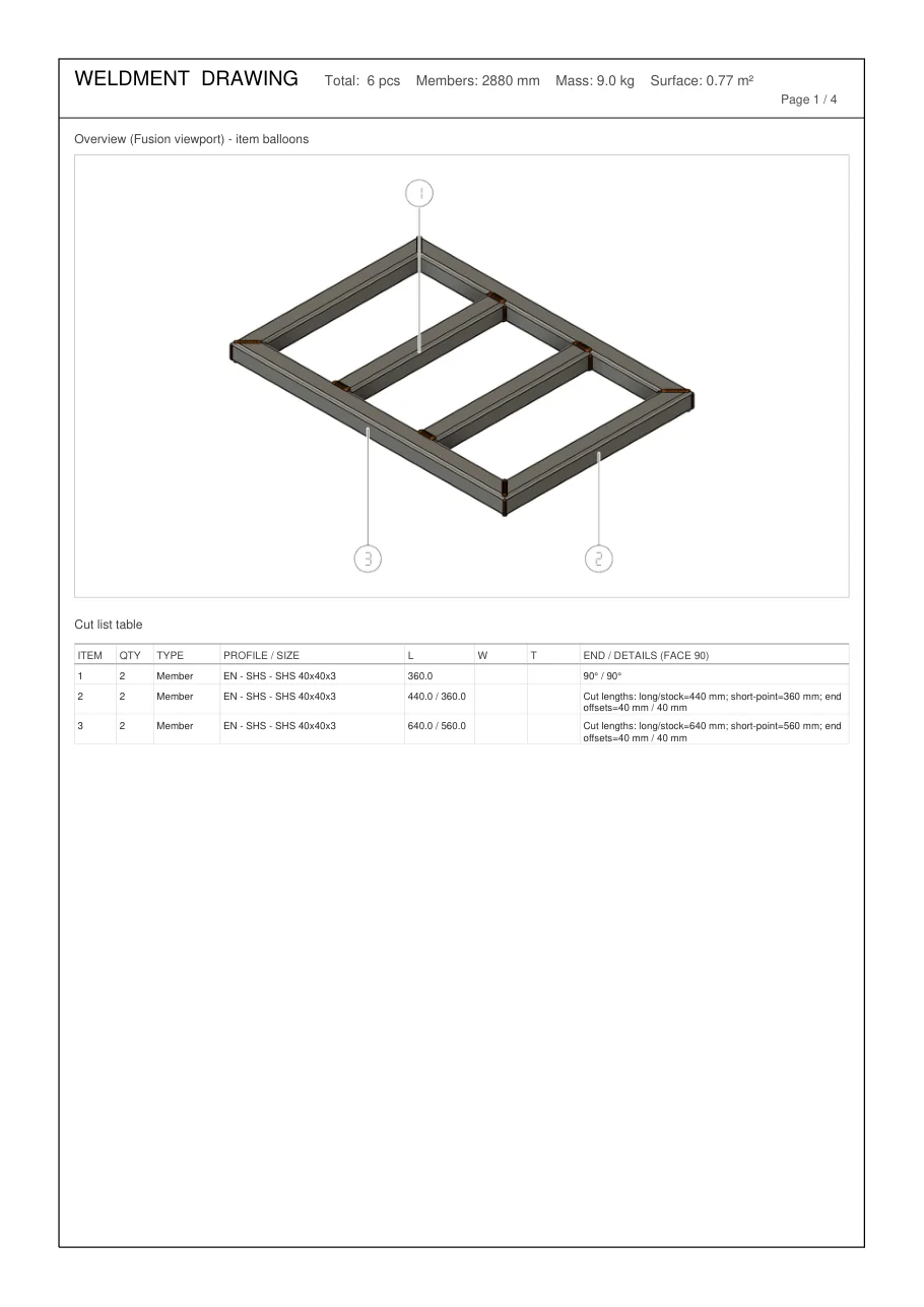 First page of the fabrication PDF with model overview, balloons, cut list table and mass totals