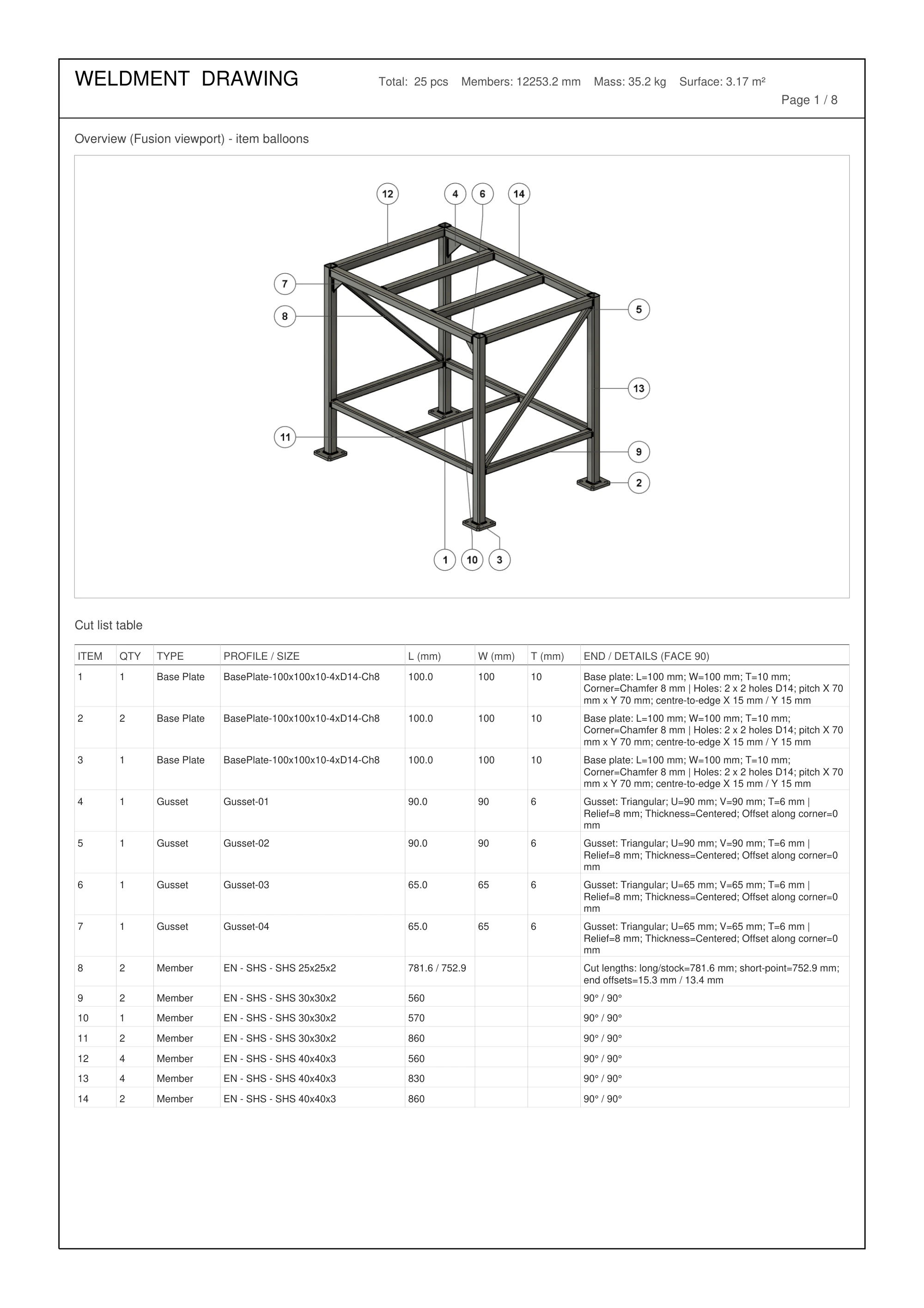 Fabrication PDF with model overview, numbered parts and cutting list