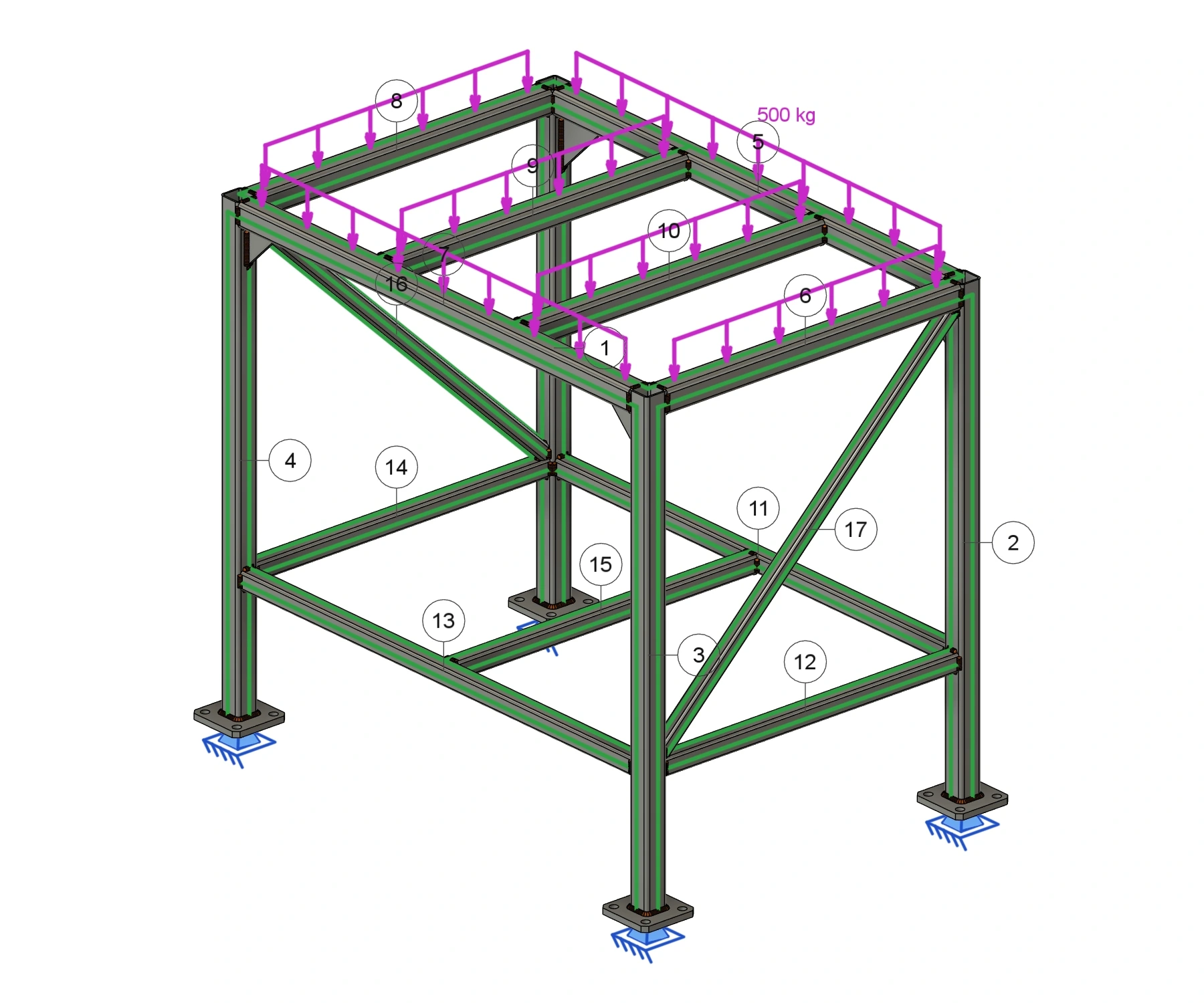 Frame Check in Fusion showing the loaded frame, coloured member results and support markers