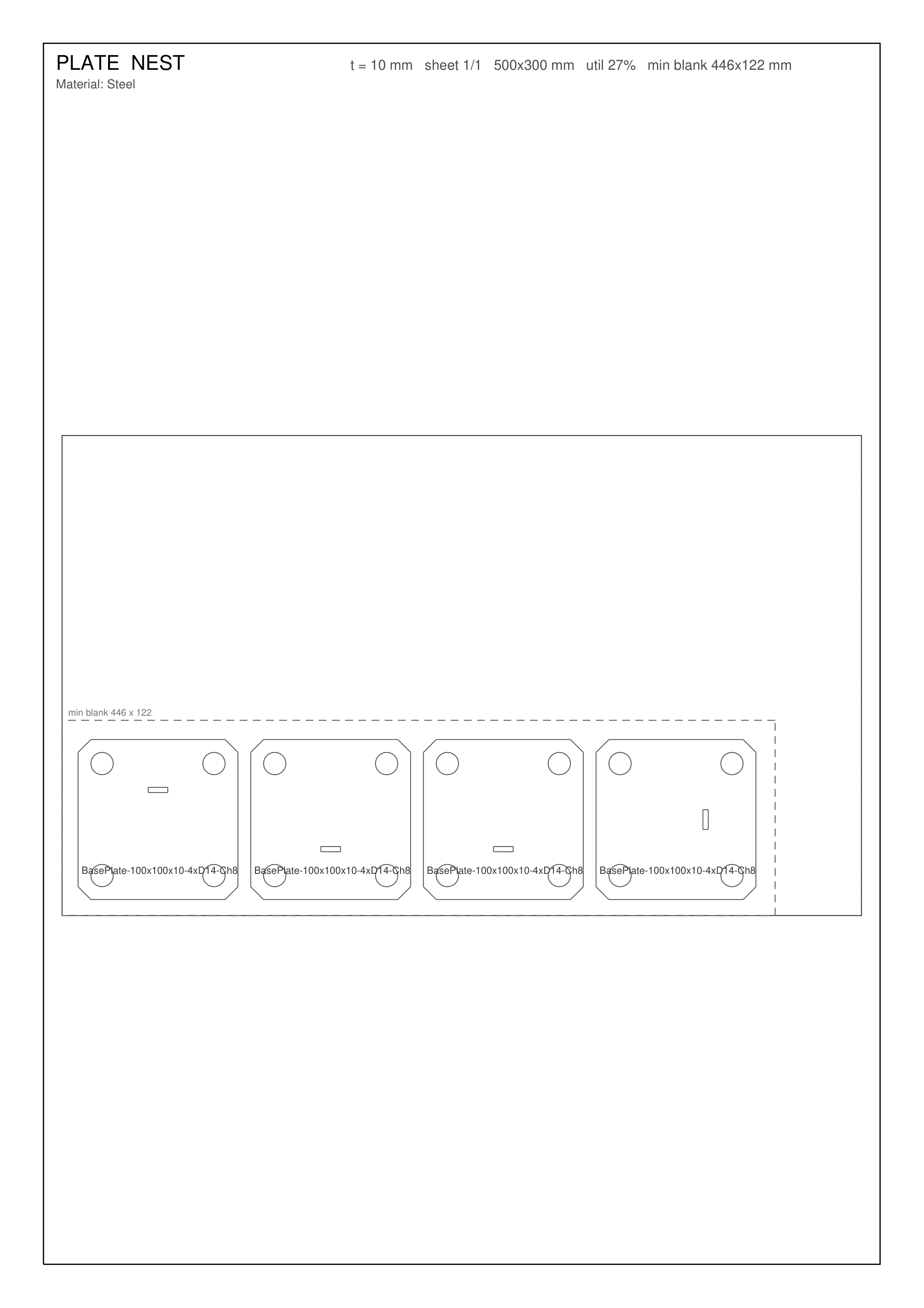 Plate nesting PDF with placed outlines, holes, stock sheet and occupied bounds