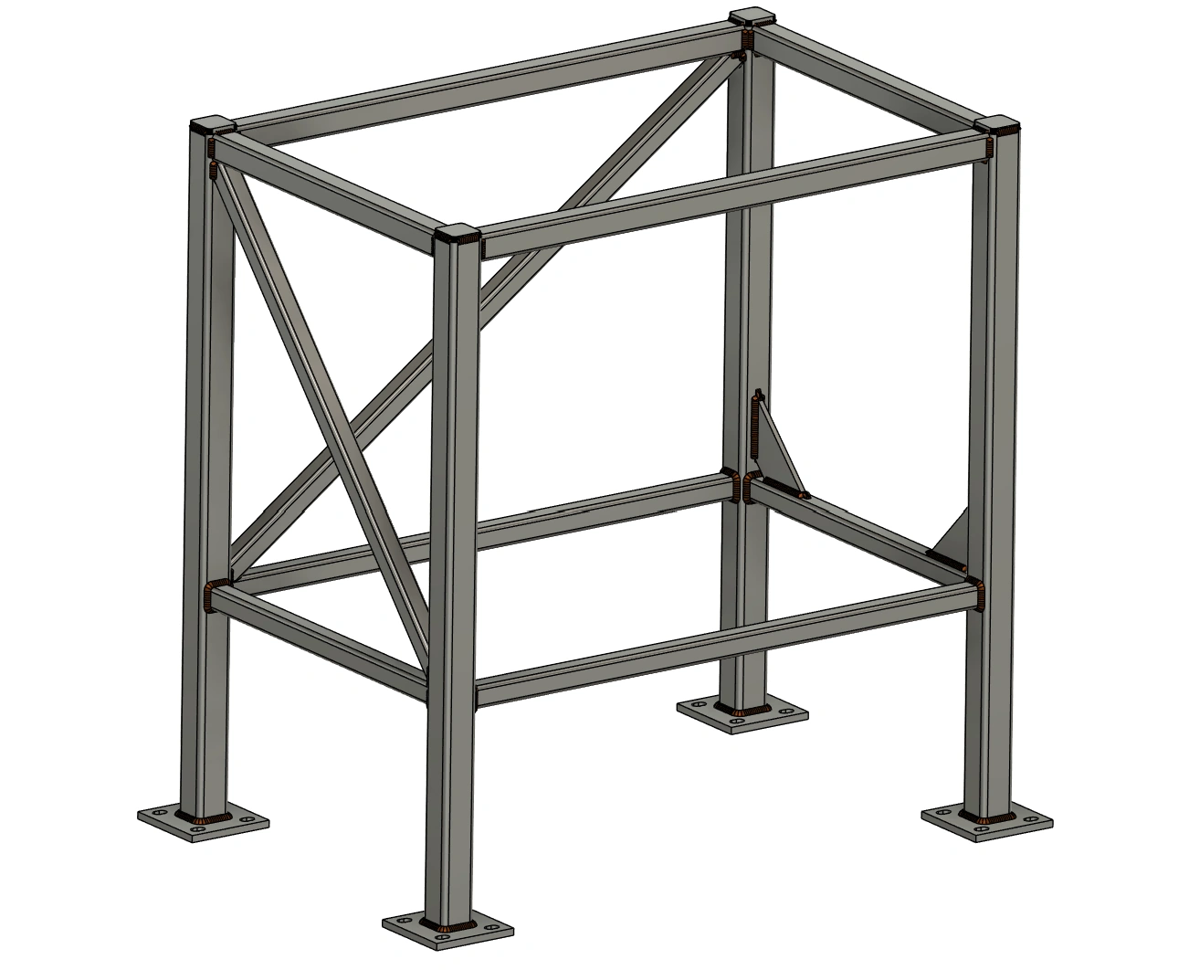 Complete Weldments Pro steel frame with base plates, gussets and Rippled, Textured weld beads in Autodesk Fusion