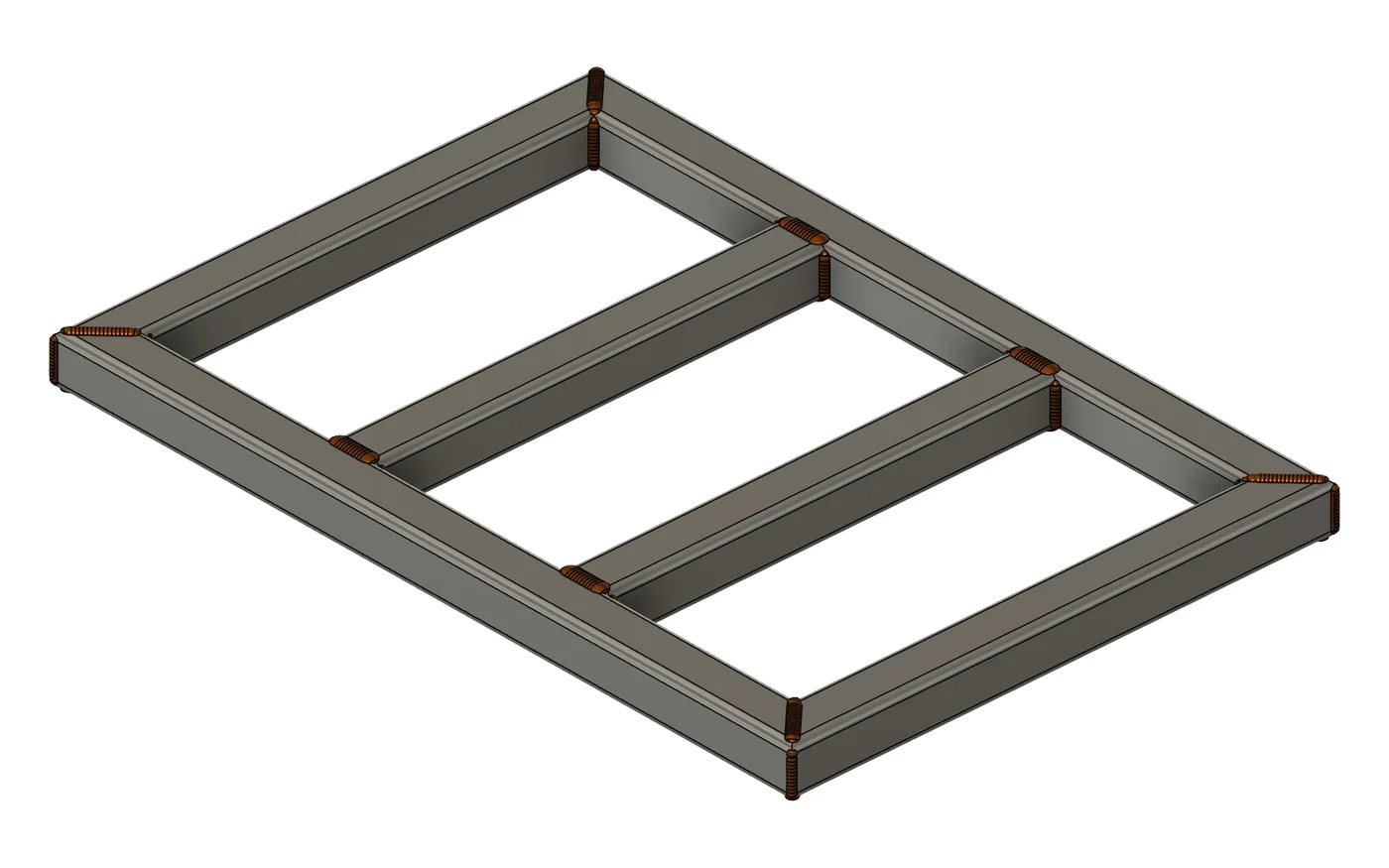 Rectangular SHS frame with two cross rails, every joint carrying bronze rippled weld beads