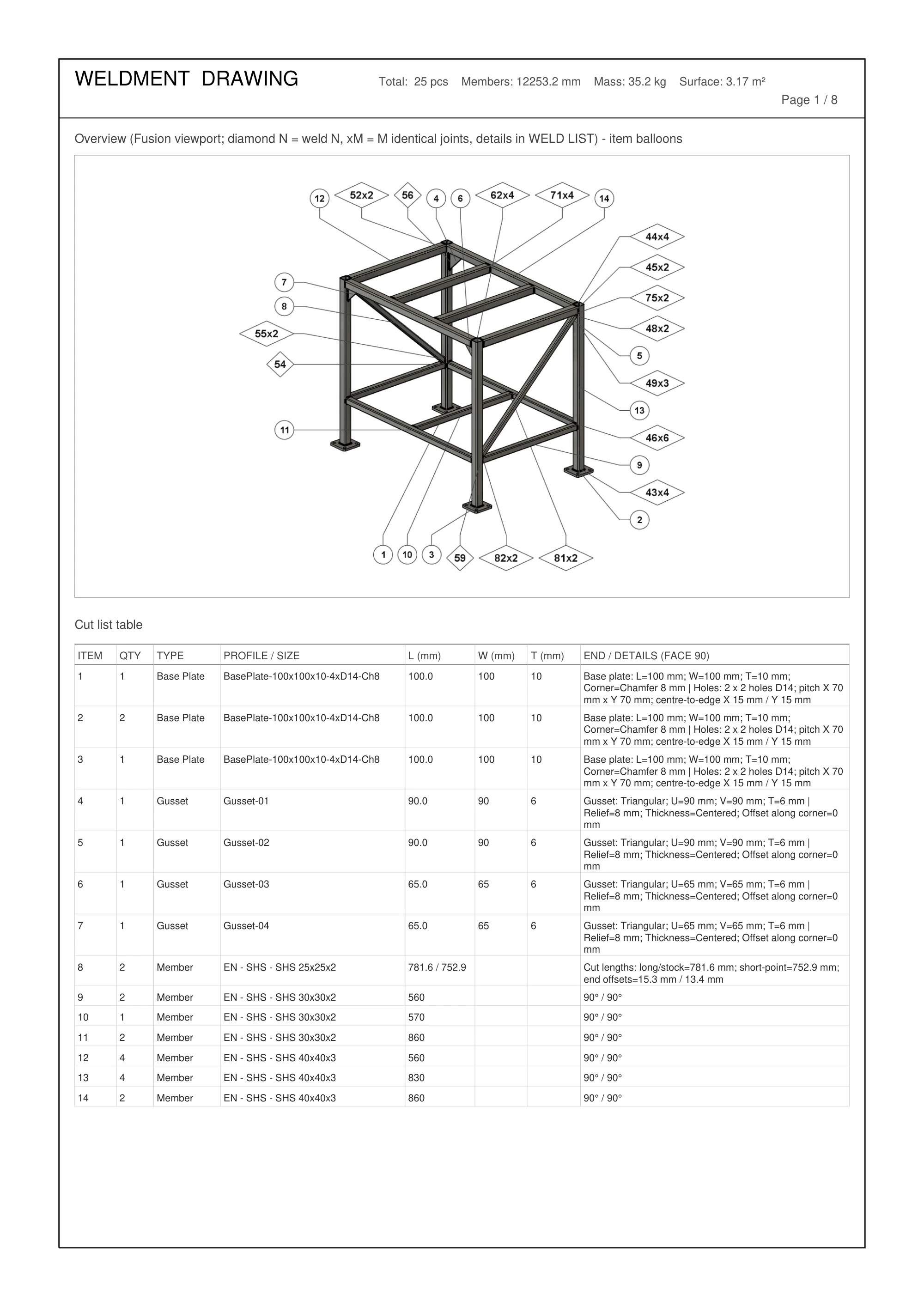 Fabrication overview with part balloons and optional diamond weld tags