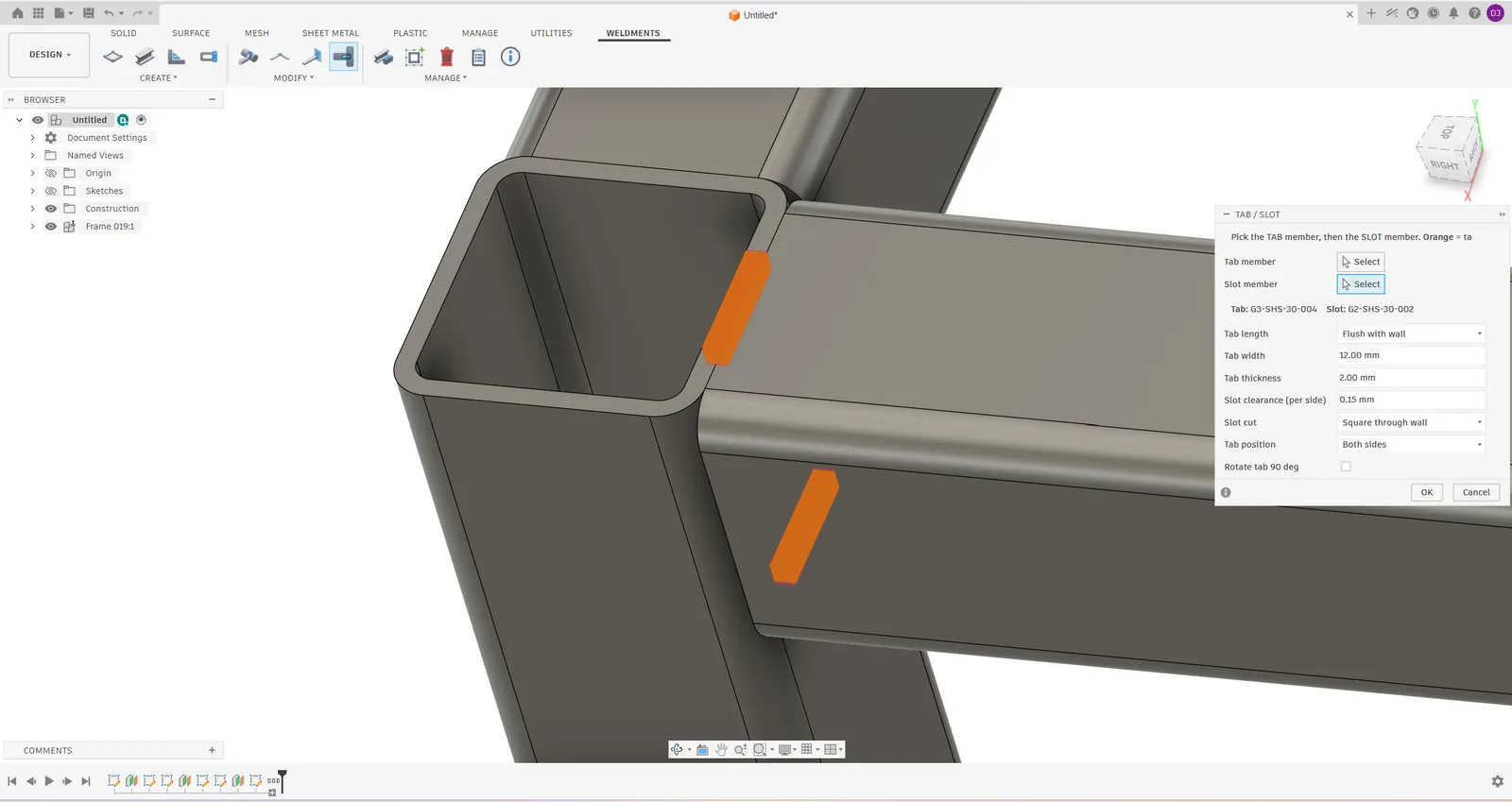 Tab / Slot dialog with the orange tab preview on a square tube joint