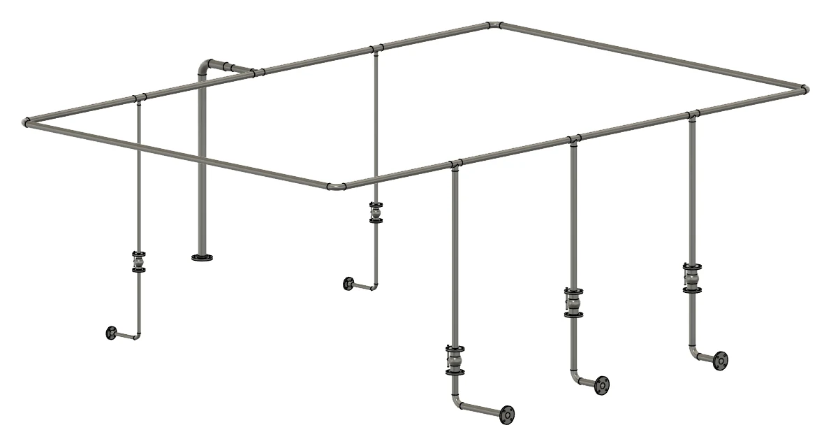 Workshop compressed-air ring main: a rectangular ring line with a flanged feed and six vertical drops, each with a flanged ball valve and a wall outlet flange