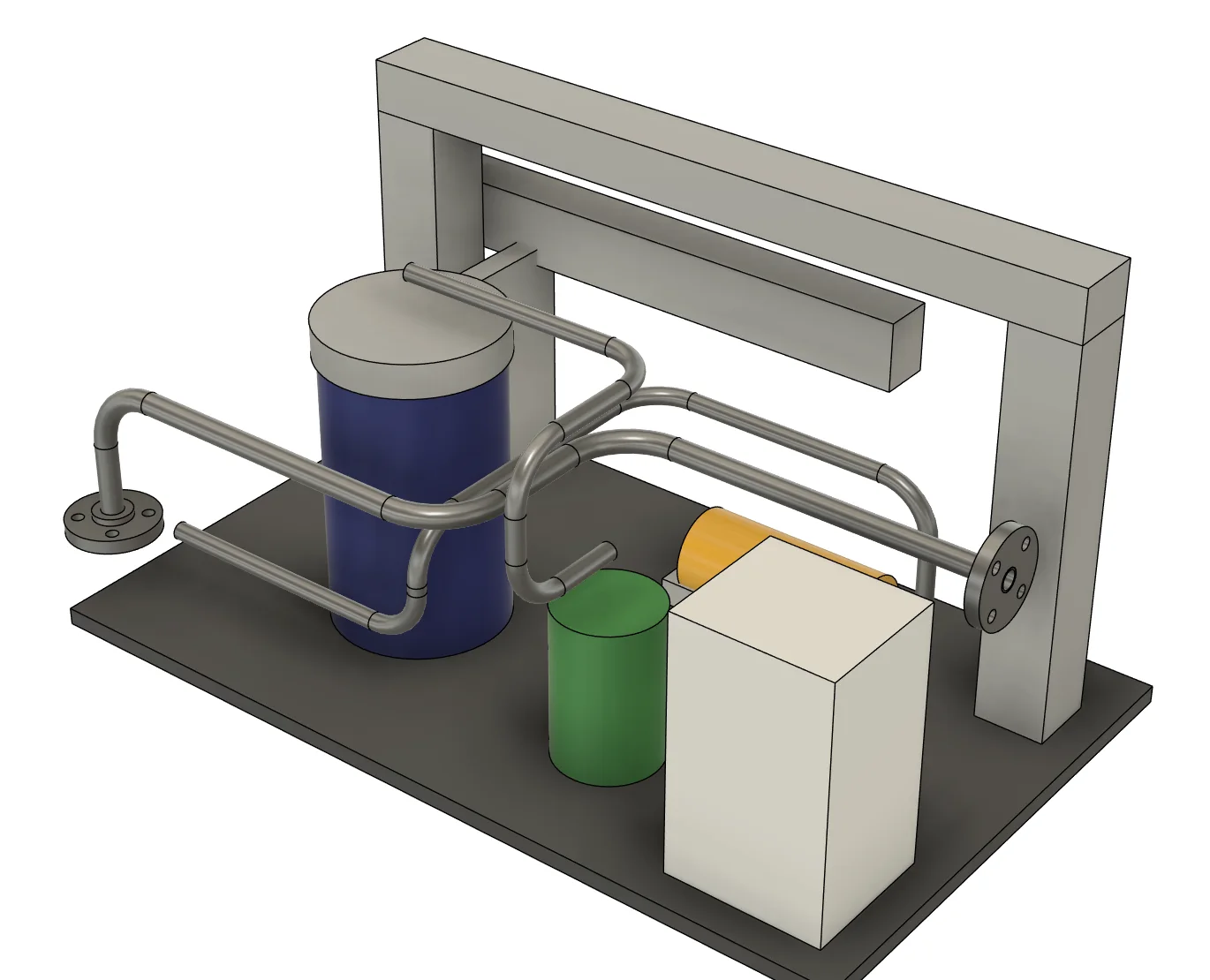 Machine skid with tank, pump, motor, cabinet and portal frame; three auto-routed tube lines weave between them, the main line flanged at both ends