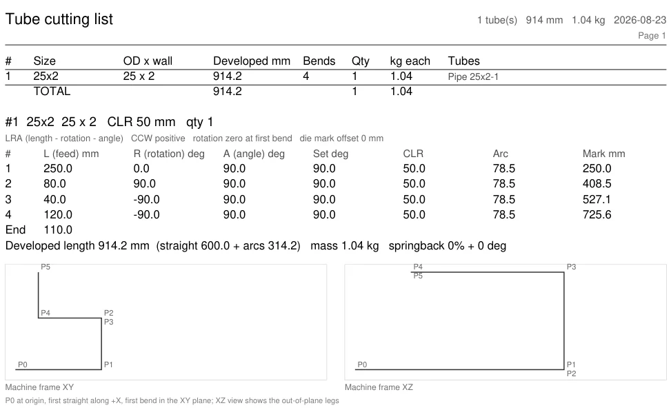 Tube cutting list PDF with a bend table per unique tube and a machine-frame XY sketch