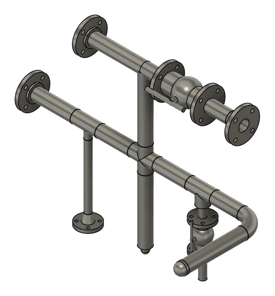 Flanged pipe assembly built by Tube & Pipe Routing: two headers with flanges, an equal cross, a tee, a flanged ball valve, caps and a base flange