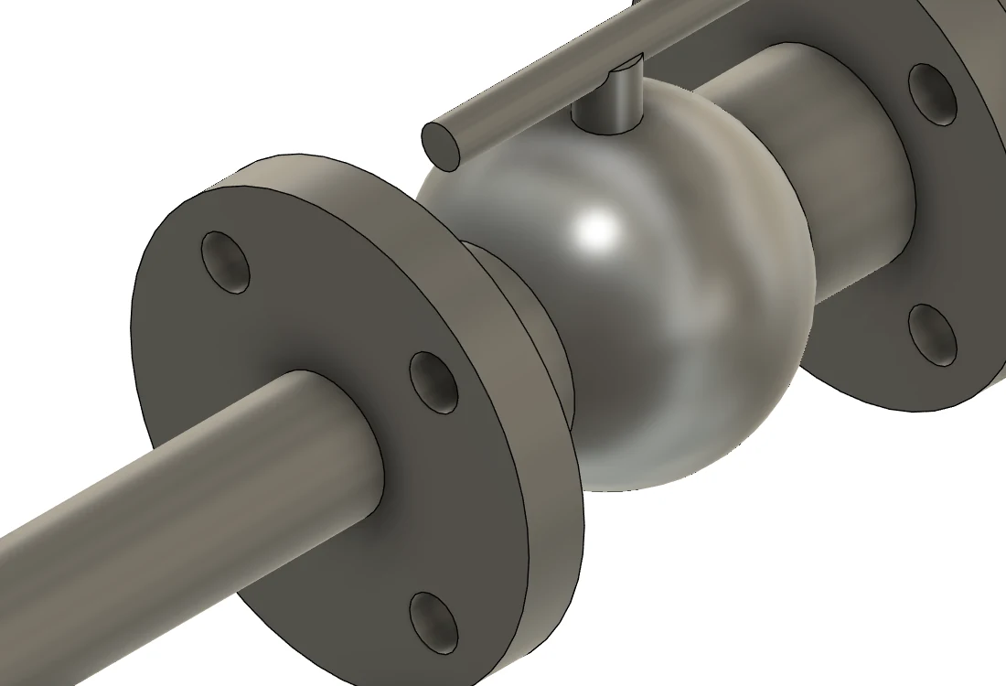 Close-up of a flanged ball valve with lever handle between two mating flanges on a pipe run