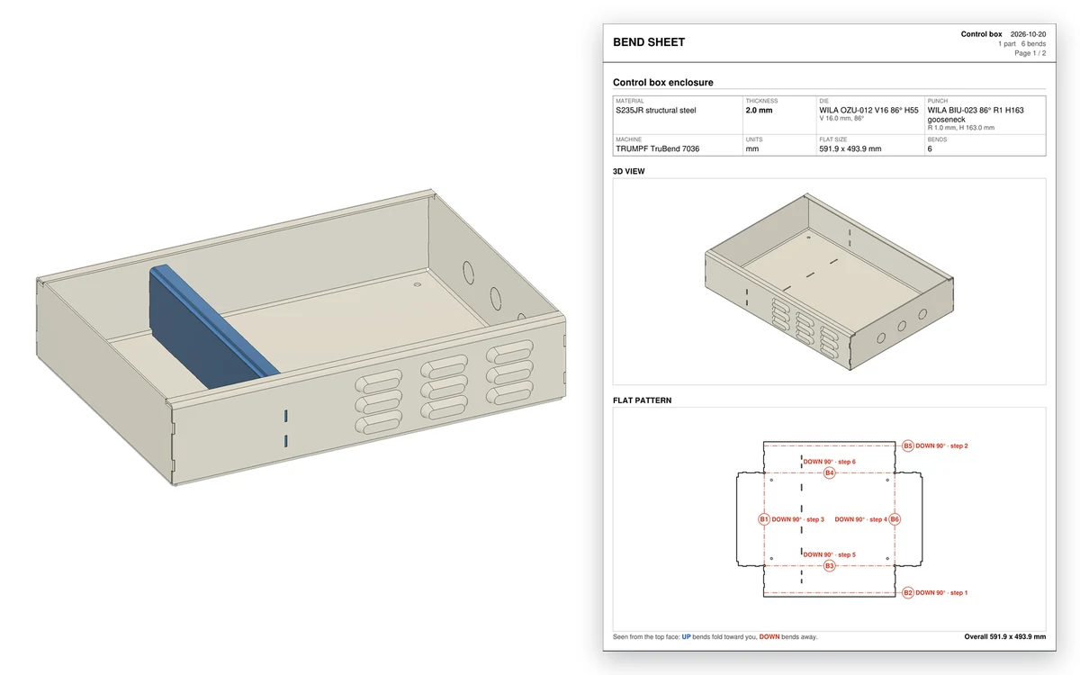 A sheet-metal enclosure from Autodesk Fusion next to page one of its bend sheet: the setup, a 3D picture of the part and the flat pattern with numbered bends