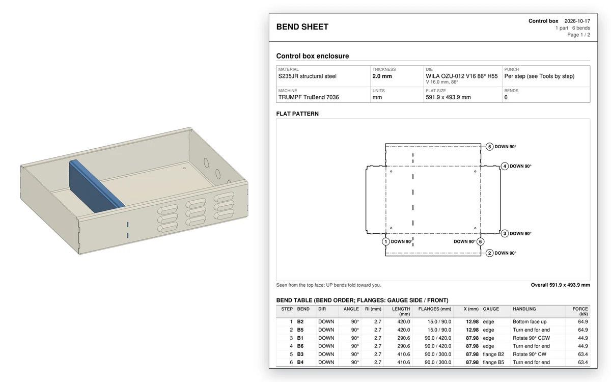 A sheet-metal enclosure from Autodesk Fusion next to its bend sheet with the bend order, back-gauge X and handling for every step