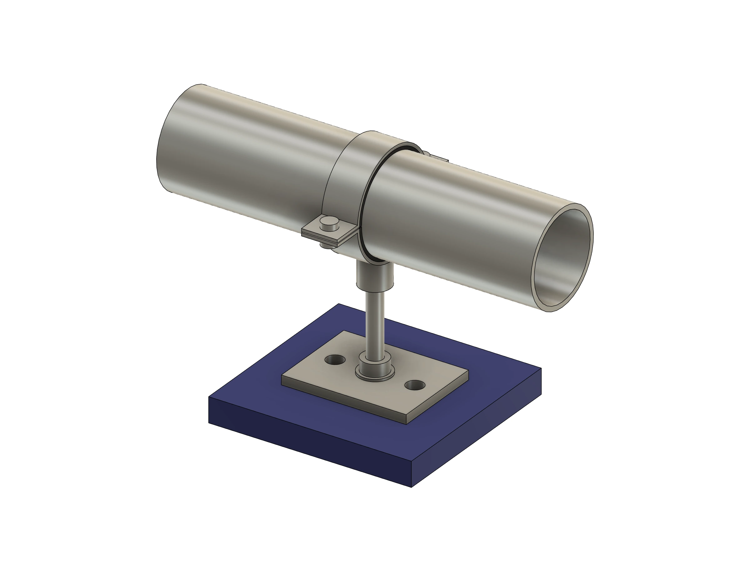 Two-piece pipe clamp with mounting hardware modeled in Autodesk Fusion
