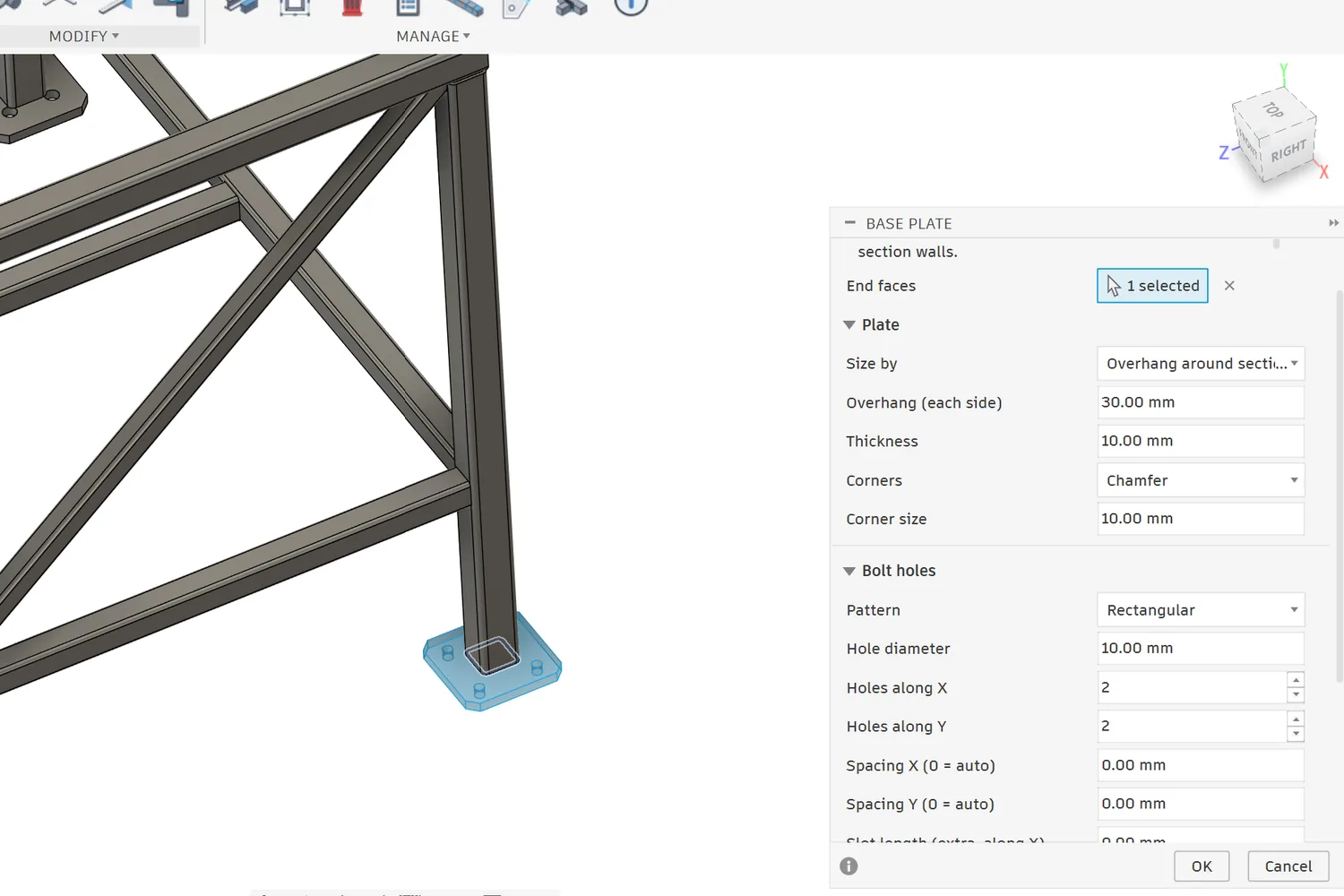 Base Plate dialog in Fusion 360 with a post end face selected and the plate highlighted: overhang, thickness, chamfer, rectangular bolt pattern