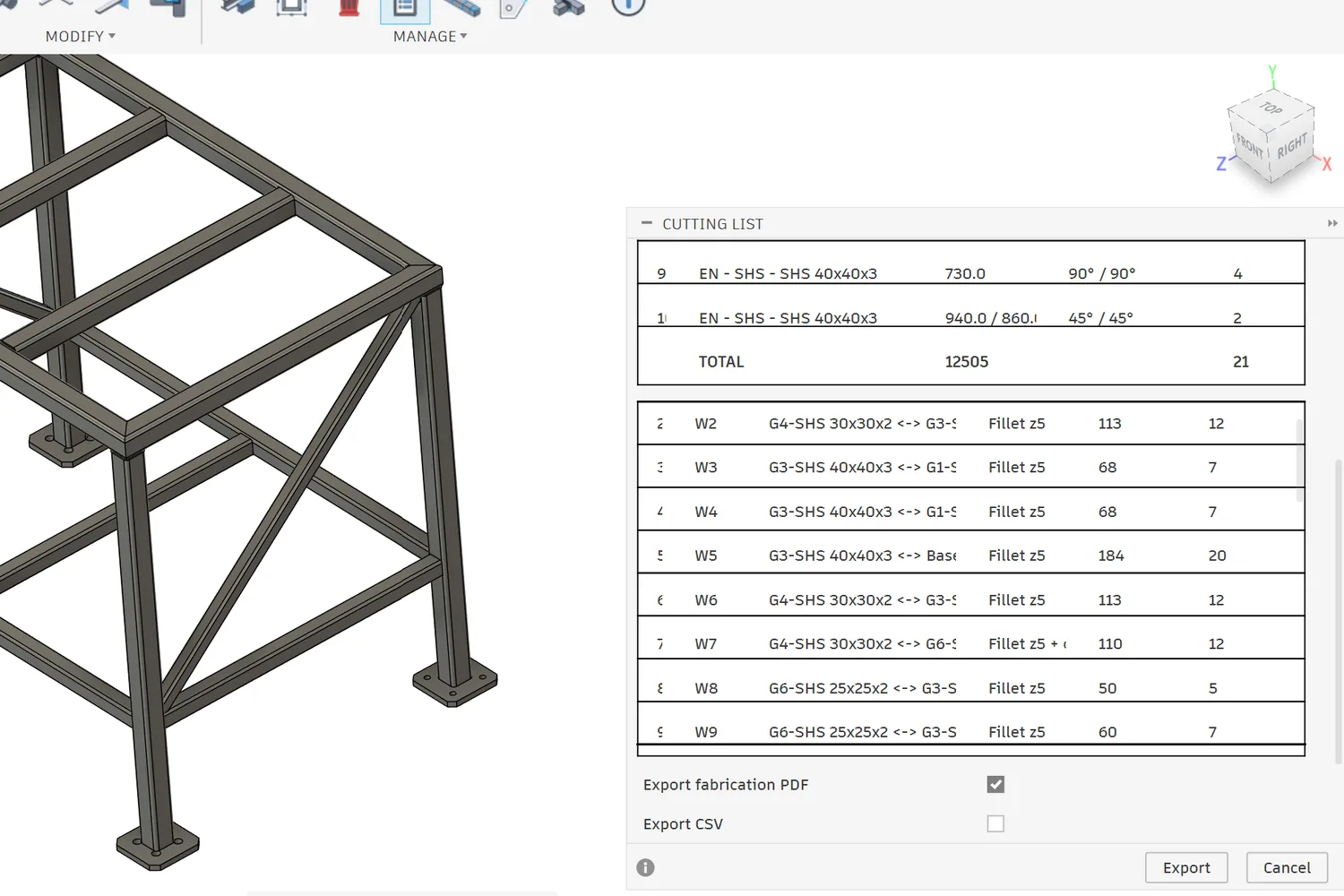 Cutting List dialog in Fusion 360: member rows with end cuts and quantities, totals, and the weld schedule rows W1–W9 with type, length and mass