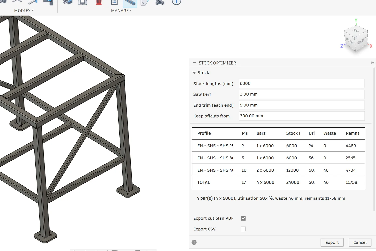 Stock Optimizer dialog in Fusion 360 over the table frame: stock length, kerf, end trim, offcut threshold and a per-profile table with bars, utilisation, waste and remnants