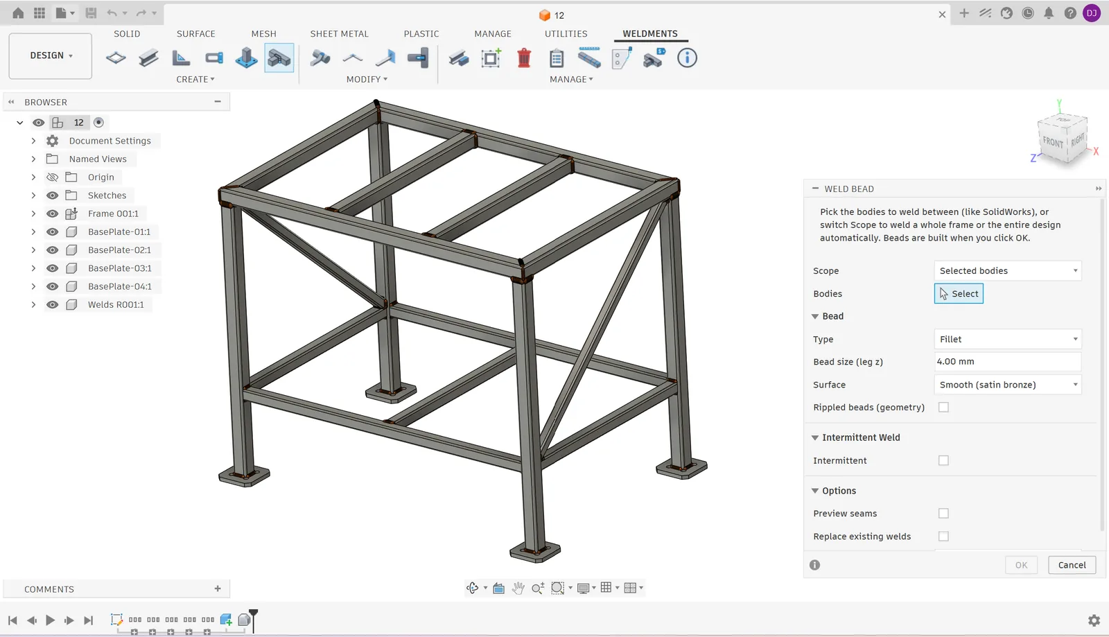 Fusion 360 with the Weldments tab open: a two-level steel table frame with braces and base plates, the Weld Bead dialog on the right with scope, bead type and size, surface, rippled and intermittent options