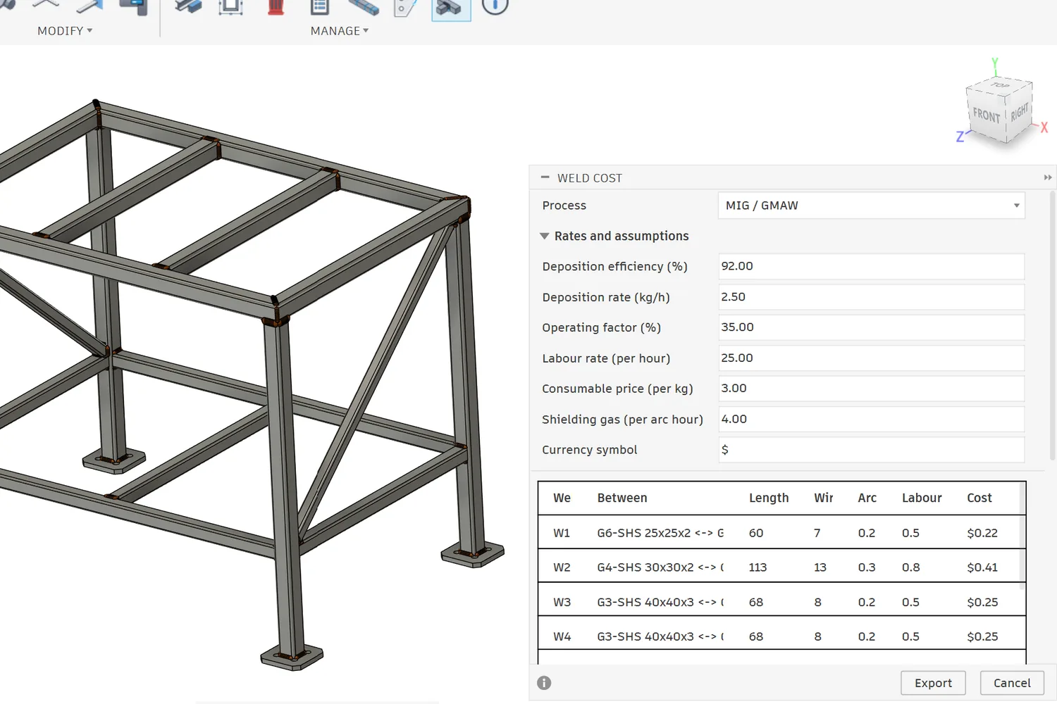 Weld Cost dialog in Fusion 360 over the welded table frame: process MIG/GMAW, rates and assumptions, and a live per-weld table with length, wire, arc, labour and cost