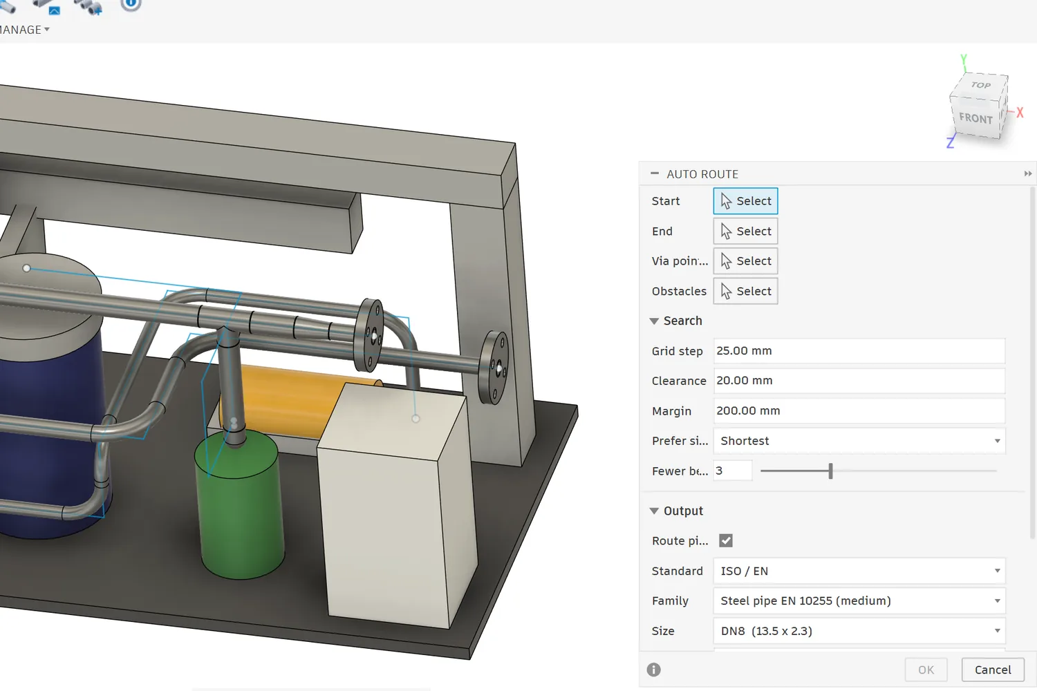 Auto Route dialog in Fusion 360 on the skid: start, end, via points and obstacles selection, grid step, clearance, margin, preferred side, fewer bends, output standard / family / size