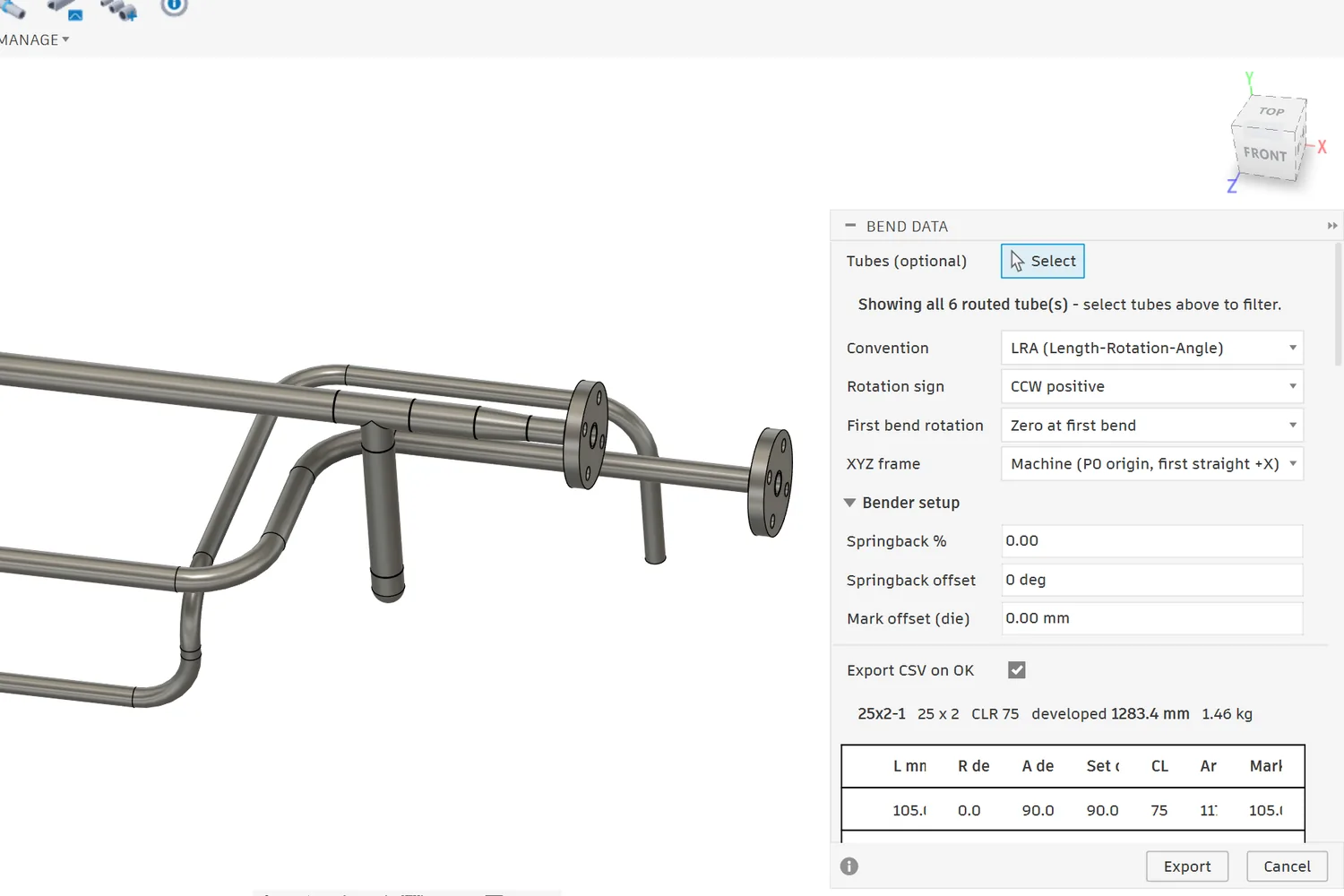 Bend Data dialog in Fusion 360 over the skid pipework: convention LRA, rotation sign, first-bend reference, machine frame, springback and mark offset, and the bend table of the 25 x 2 line