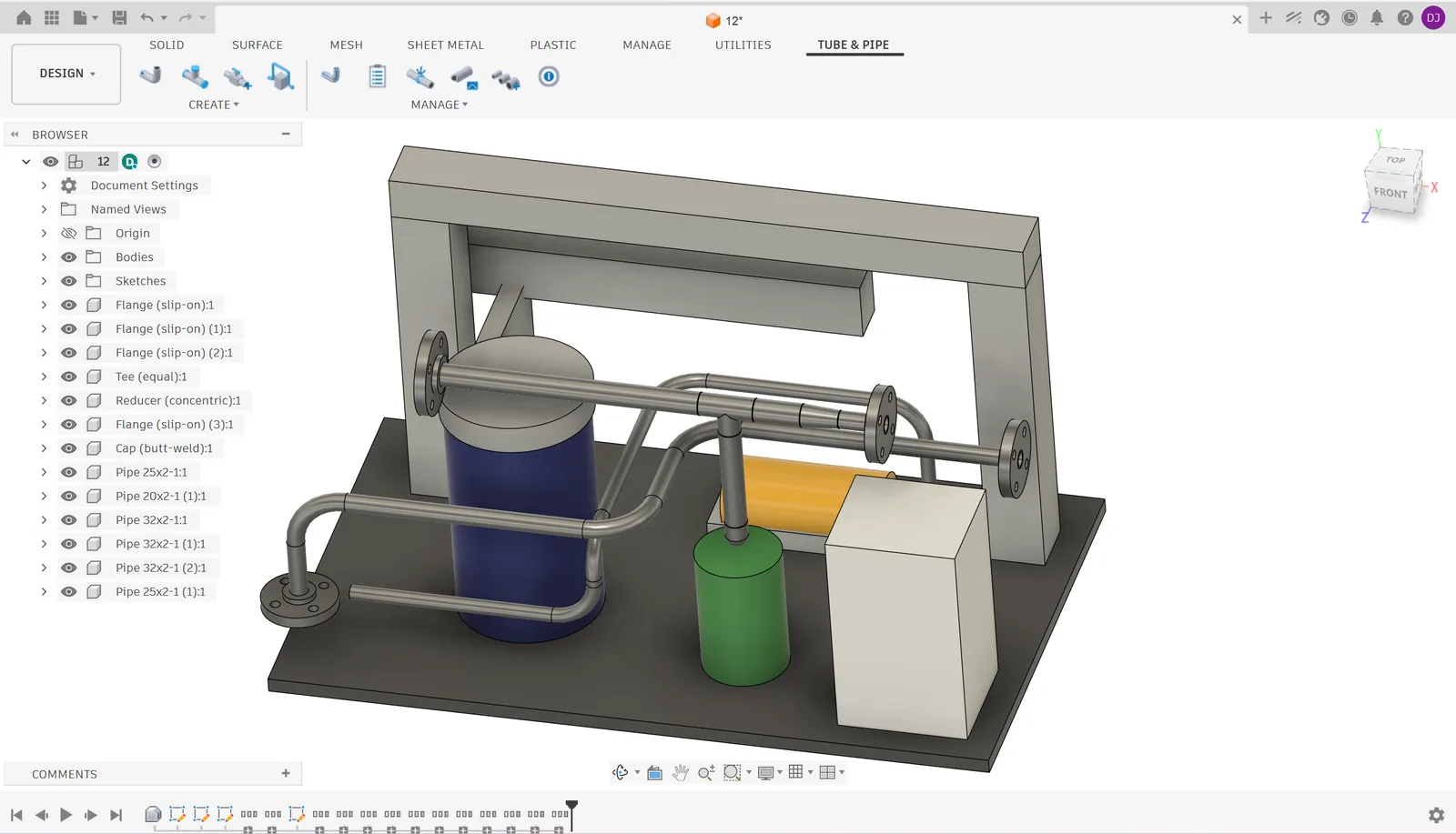 Fusion 360 with the Tube & Pipe tab open: a machine skid with tank, pump, motor and cabinet, three routed tube lines with slip-on flanges, a tee, reducer and cap, the browser listing fittings and pipes