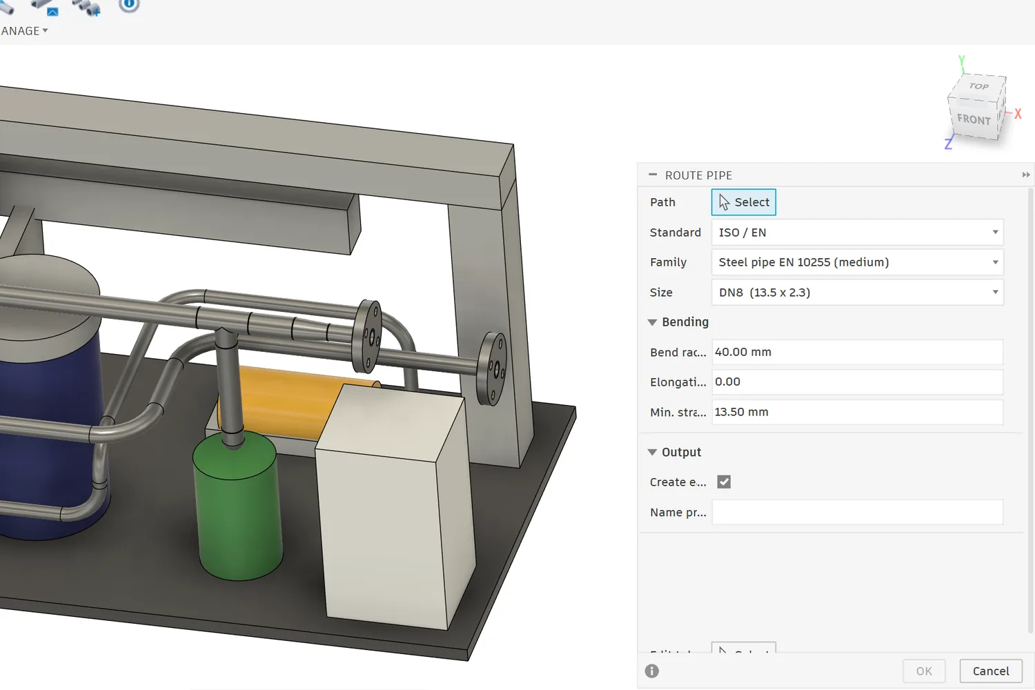 Route Pipe dialog in Fusion 360: path selection, ISO/EN standard, steel pipe EN 10255 family, DN8 size, bend radius, elongation, minimum straight, component output