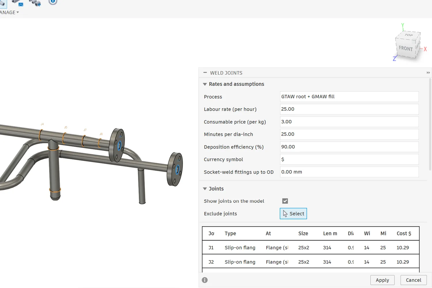 Weld Joints dialog in Fusion 360 over the skid pipework with obstacles hidden: rates and assumptions, socket-weld threshold, show joints and exclude joints, and the per-joint table with slip-on flange rows