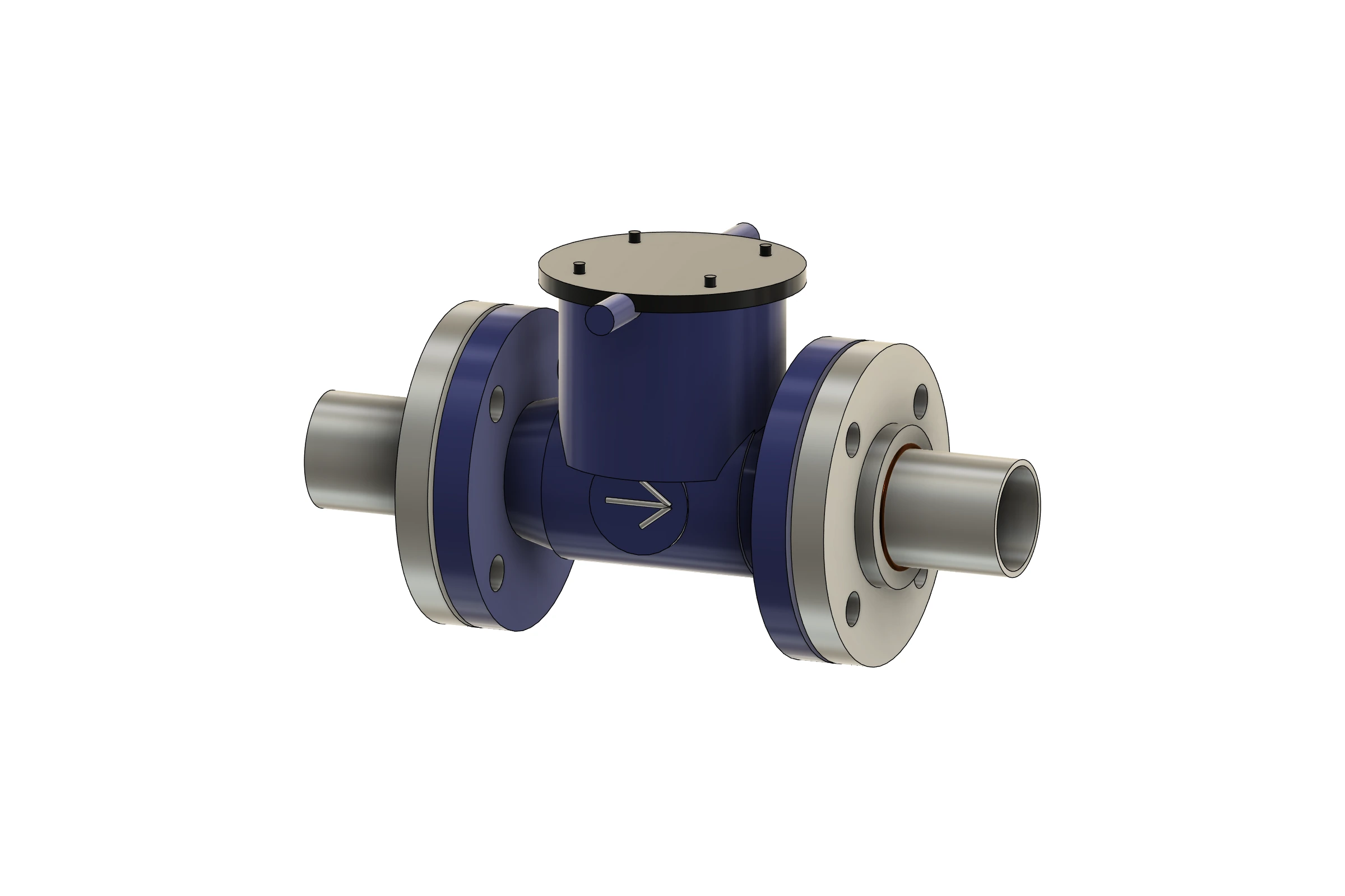 Flanged swing check valve with a visible flow-direction arrow in Autodesk Fusion