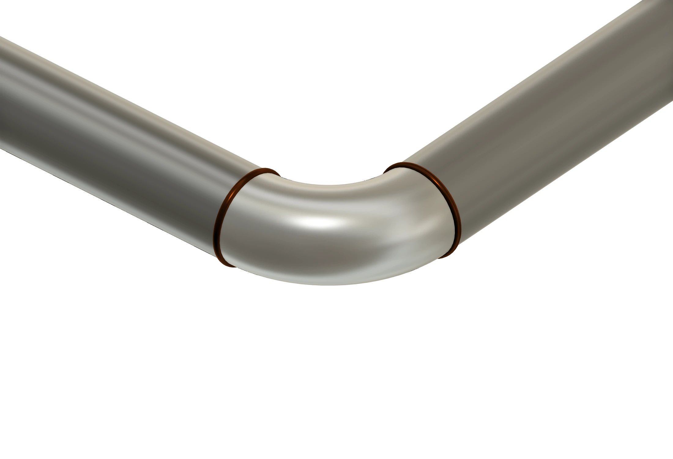 A pipe elbow joined to two straight pipe sections, with bronze weld rings at both ends
